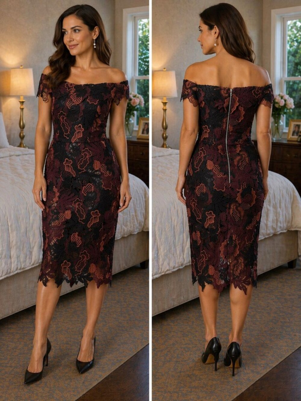 ABS Allen Schwartz Maroon Black Lace Off Shoulder Midi Dress $225